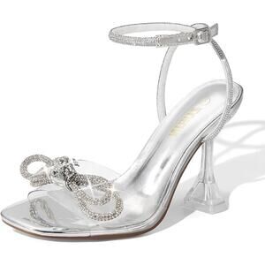 Zurin Womens Size 8.5 Silver Clear Strap Bow Open Toe 4" Heel Ankle Strap Shoes